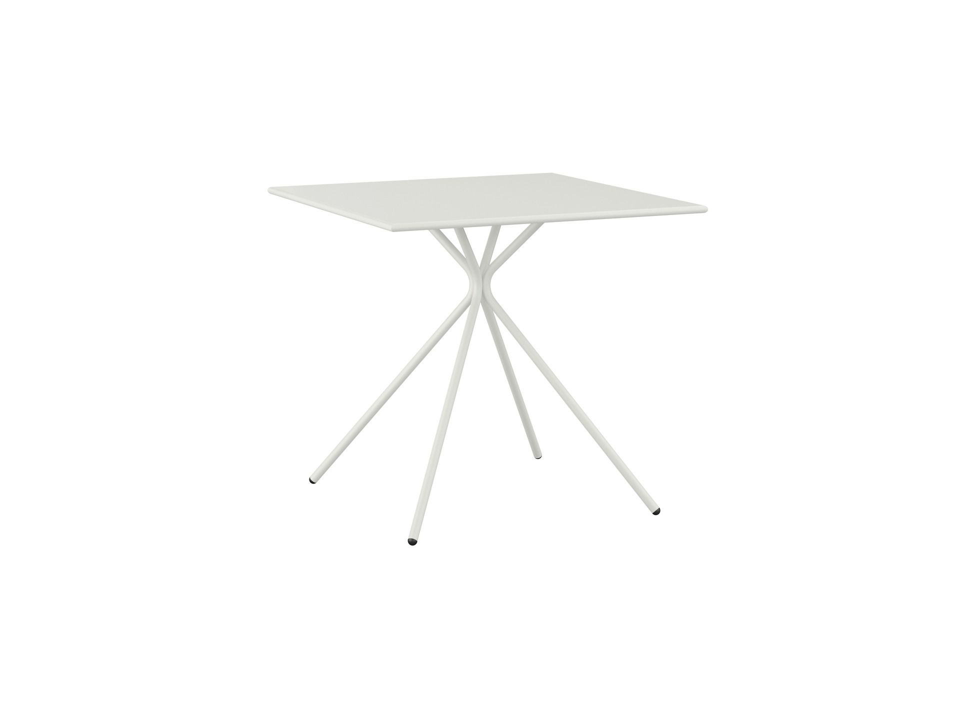 Weißer, quadratischer Brunner Bistrotisch für den Außenbereich mit filigranem Stahlgestell.